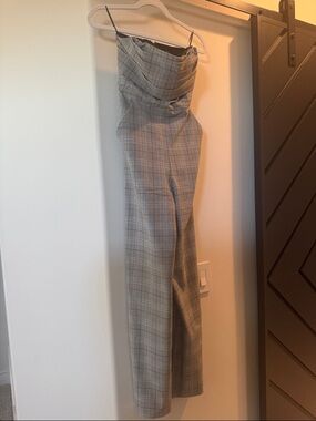 Express Plaid Strapless Boot Cut Jumpsuit in Gray